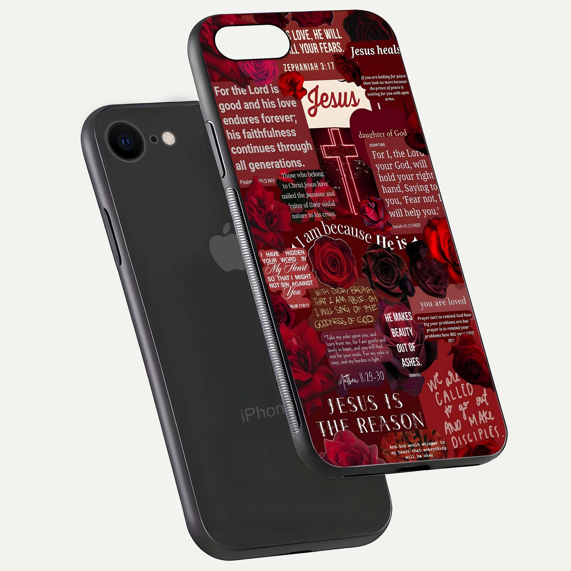 Jesus Love Heals Glass Case for iPhone 8 floating dual-view mockup showing glossy shine and faith-inspired art