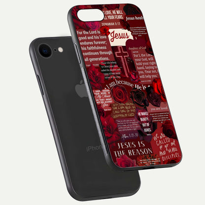Jesus Love Heals Glass Case for iPhone 8 floating dual-view mockup showing glossy shine and faith-inspired art