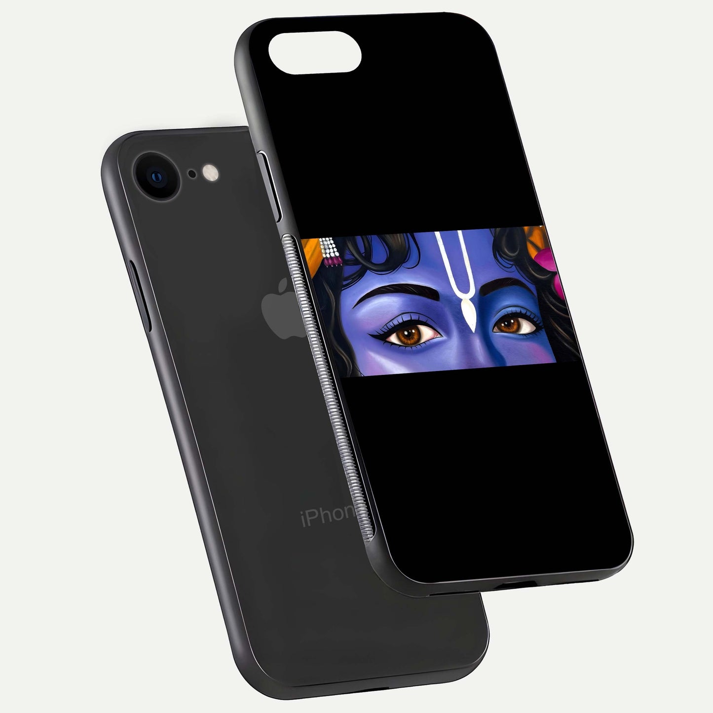 Krishna Eye Glass Case for iPhone 8 floating dual-view mockup showing gloss surface and divine art depth