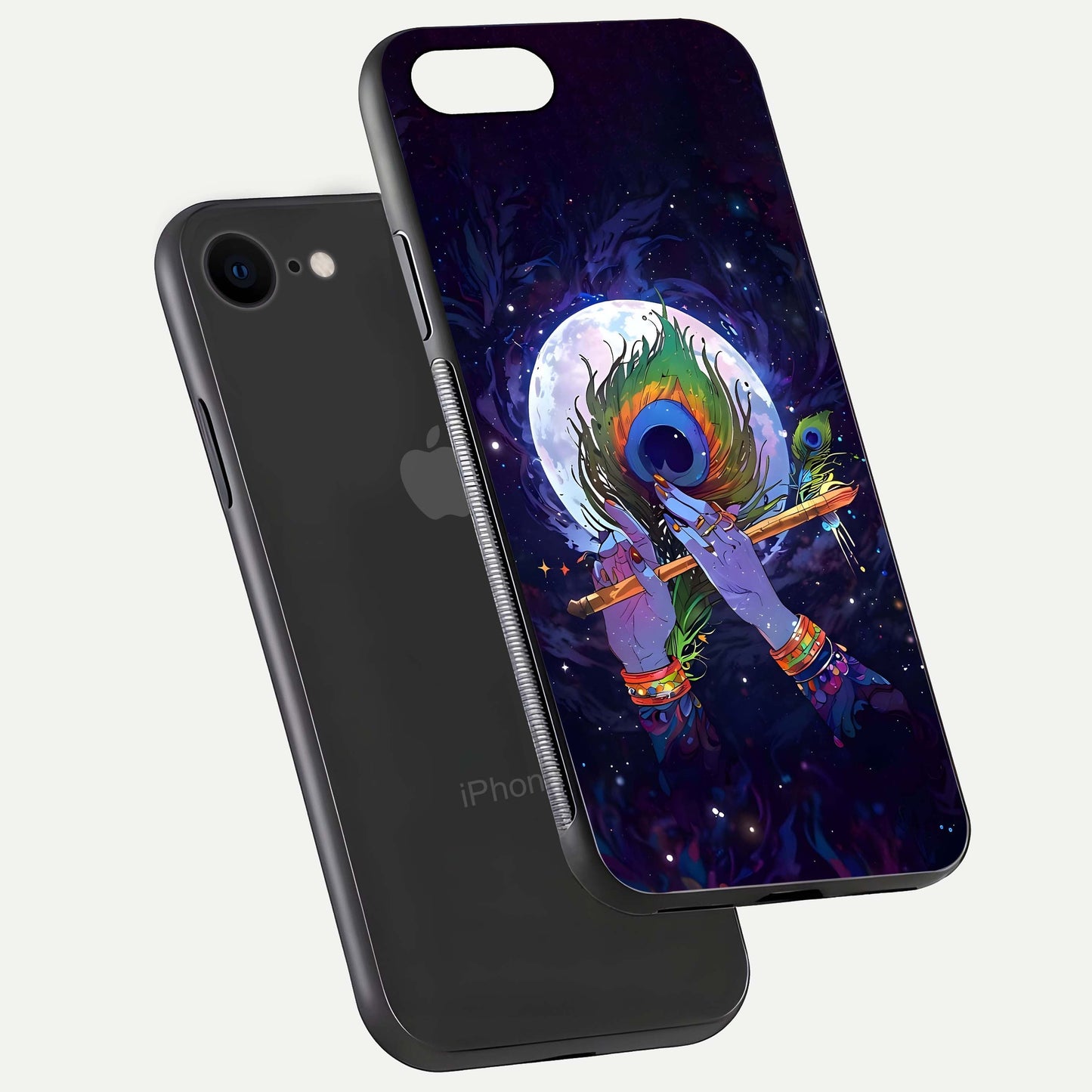 Krishna Hands Art Glass Case for iPhone 8 floating dual-view mockup showing premium gloss reflection