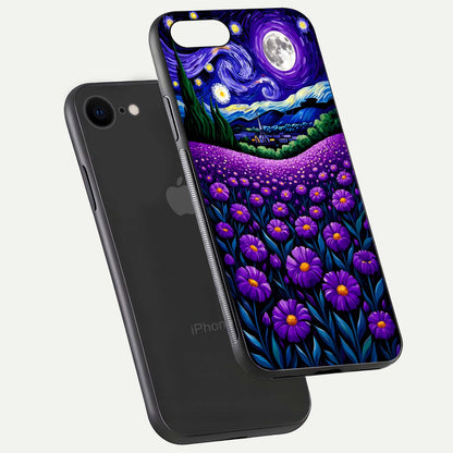Lavender Moon Field Glass Case for iPhone 8 floating dual-view mockup showing gloss surface and floral glow