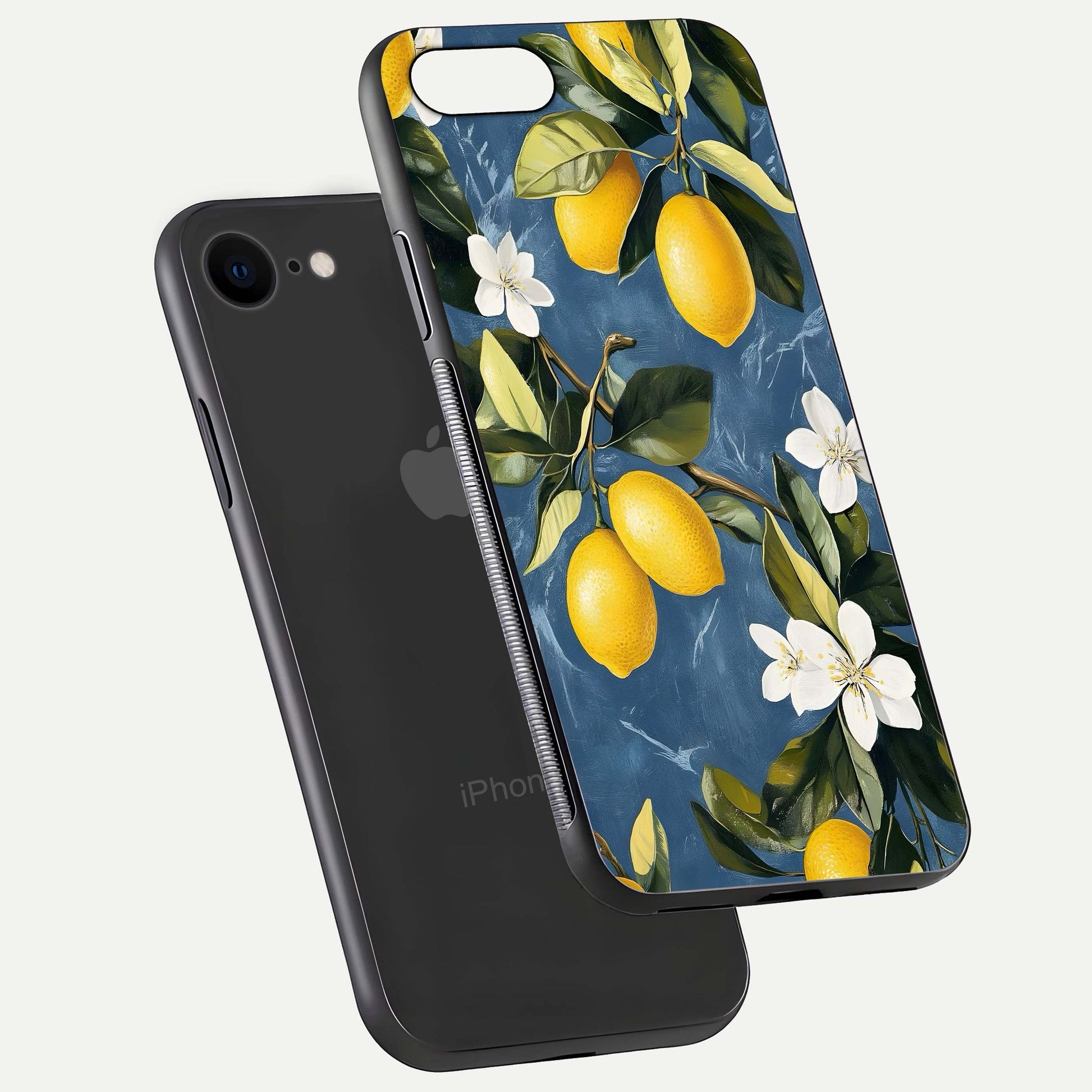Lemon Dream Garden Glass Case for iPhone 8 floating dual-view mockup showing gloss brightness and vivid yellow print