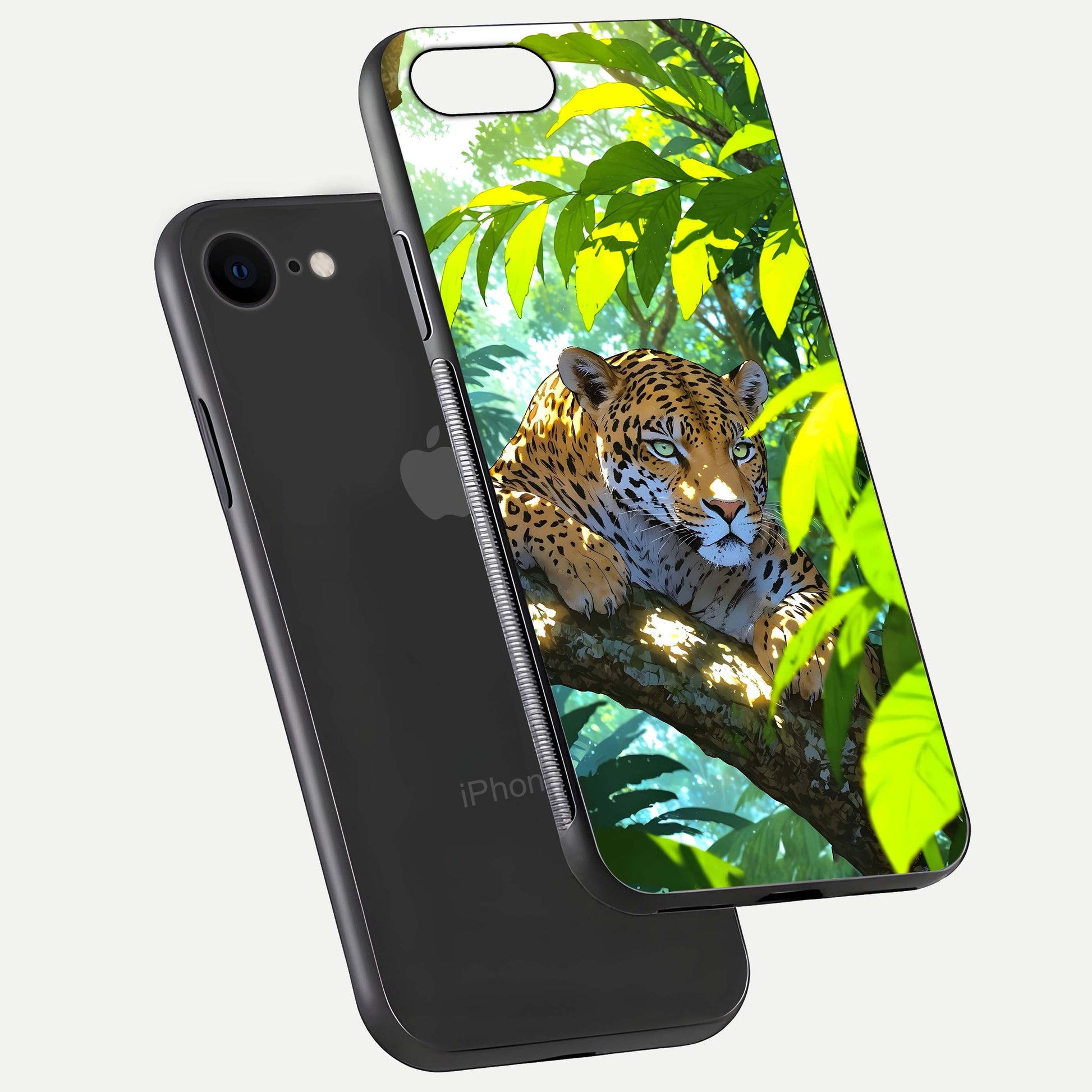 Leopard in Jungle Glass Case for iPhone 8 floating dual-view mockup showing gloss finish and HD wild pattern