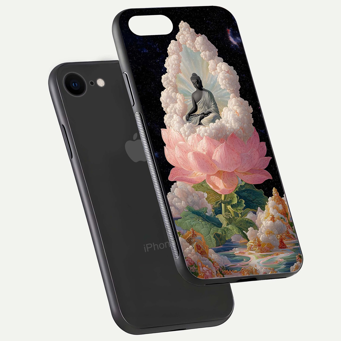 Lotus Divine Peace Glass Case for iPhone 8 floating dual-view mockup with glass glow and spiritual calm art