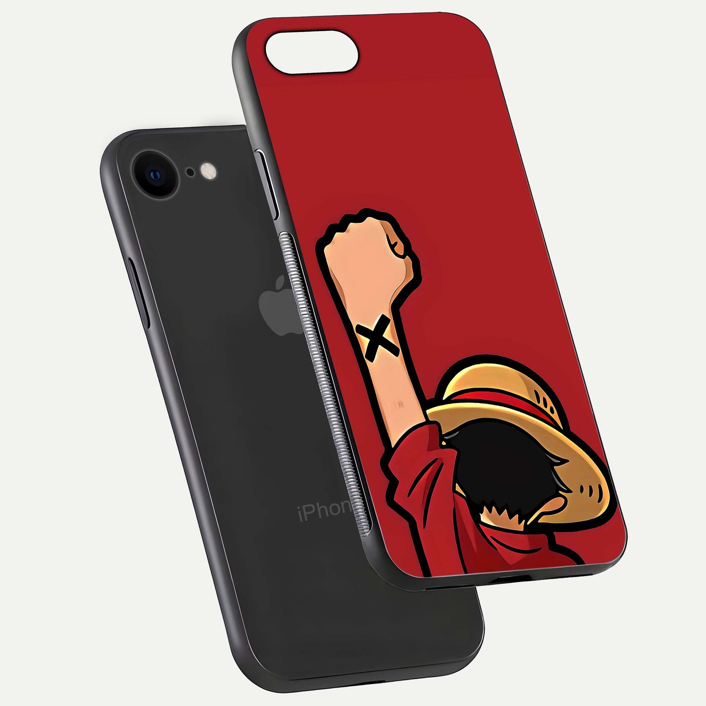 Luffy X Spirit Glass Case for iPhone 8 floating dual-view mockup showing gloss polish and vibrant color depth