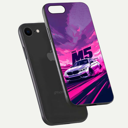 MS Neon Car Glass Case for iPhone 8 floating dual-view mockup showing HD gloss and electric color tones
