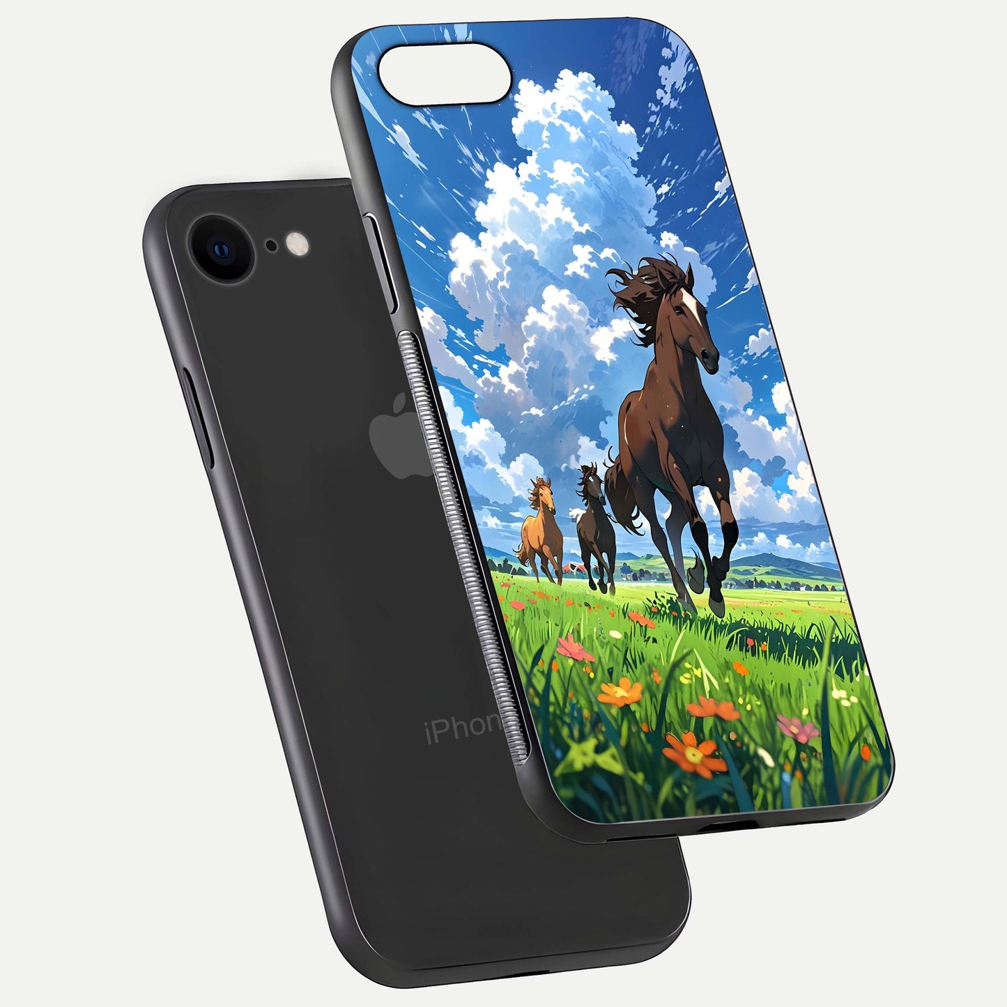 Majestic Horses Galloping Glass Case for iPhone 8 floating dual-view mockup showing gloss texture and vivid tones