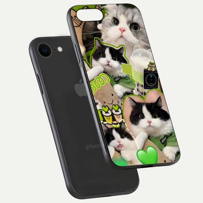 Matcha Cats Mood Glass Case for iPhone 8 floating dual-view mockup showing HD gloss surface and soft tones