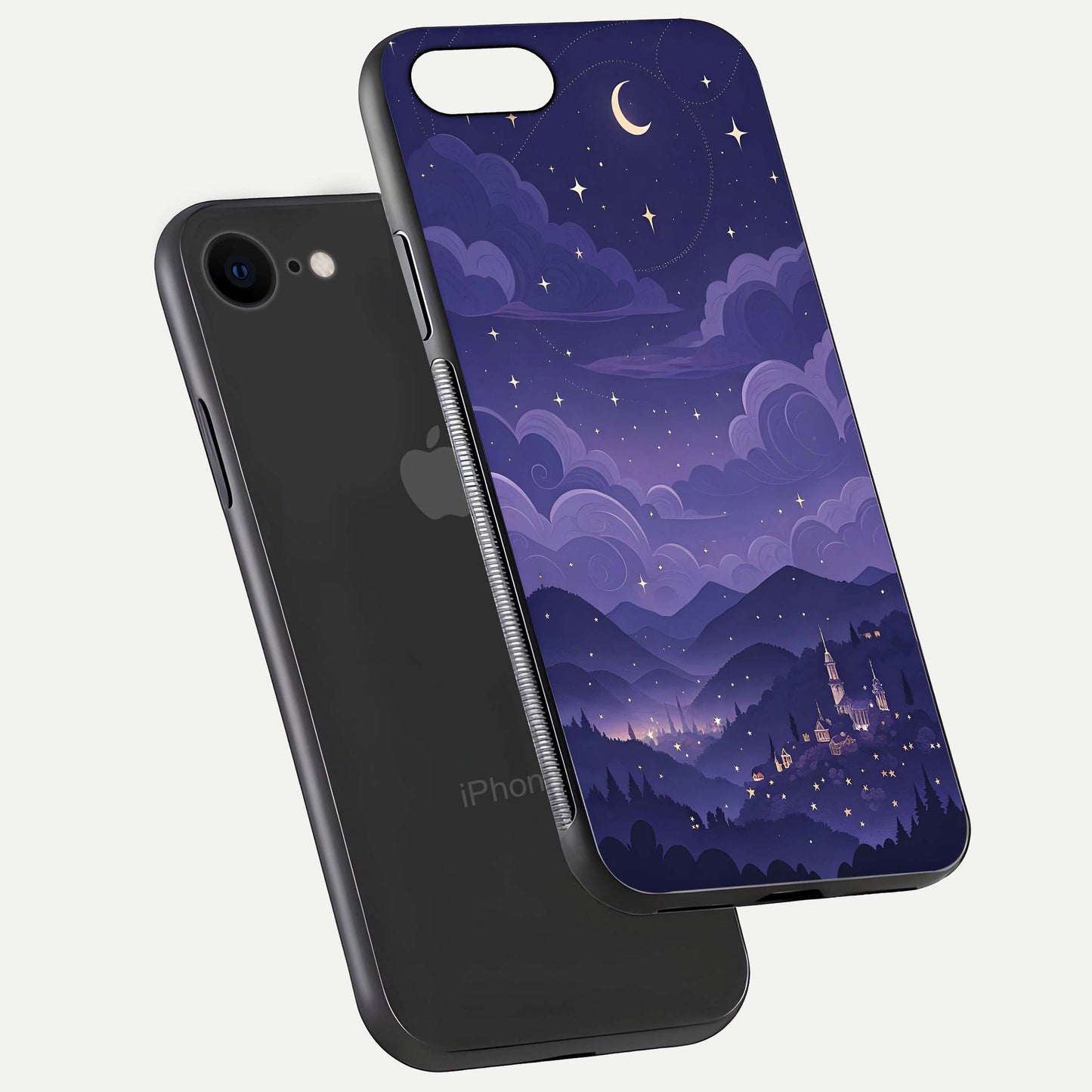 Minimal Night View Glass Case for iPhone 8 floating dual-view mockup showing HD gloss and clean lines