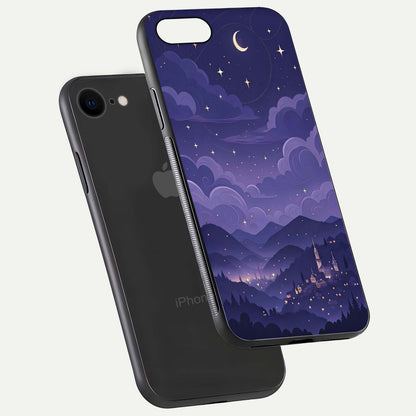 Minimal Night View Glass Case for iPhone 8 floating dual-view mockup showing HD gloss and clean lines