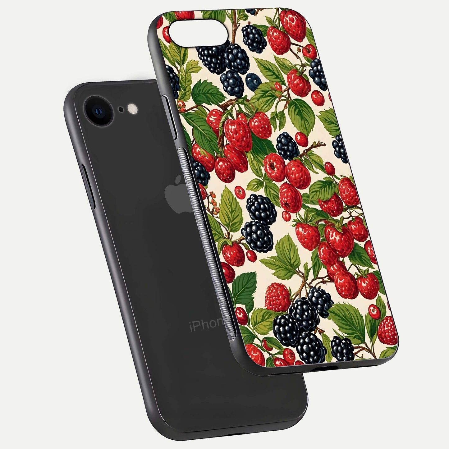 Mixed Berry Collage Glass Case for iPhone 8 floating dual-view mockup showing gloss depth and vibrant design