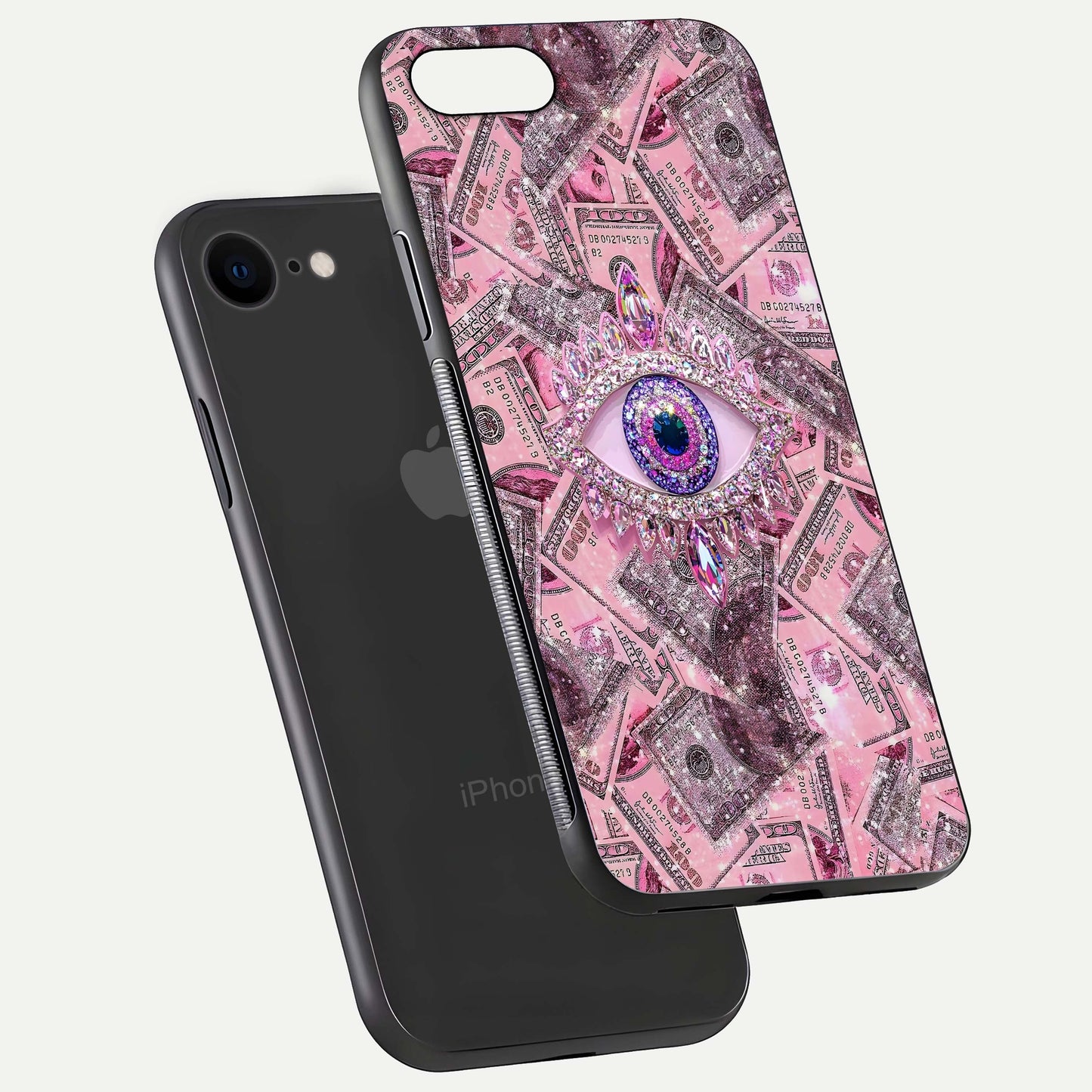 Money Eye Luxe Glass Case for iPhone 8 floating dual-view mockup showing gloss surface and premium look