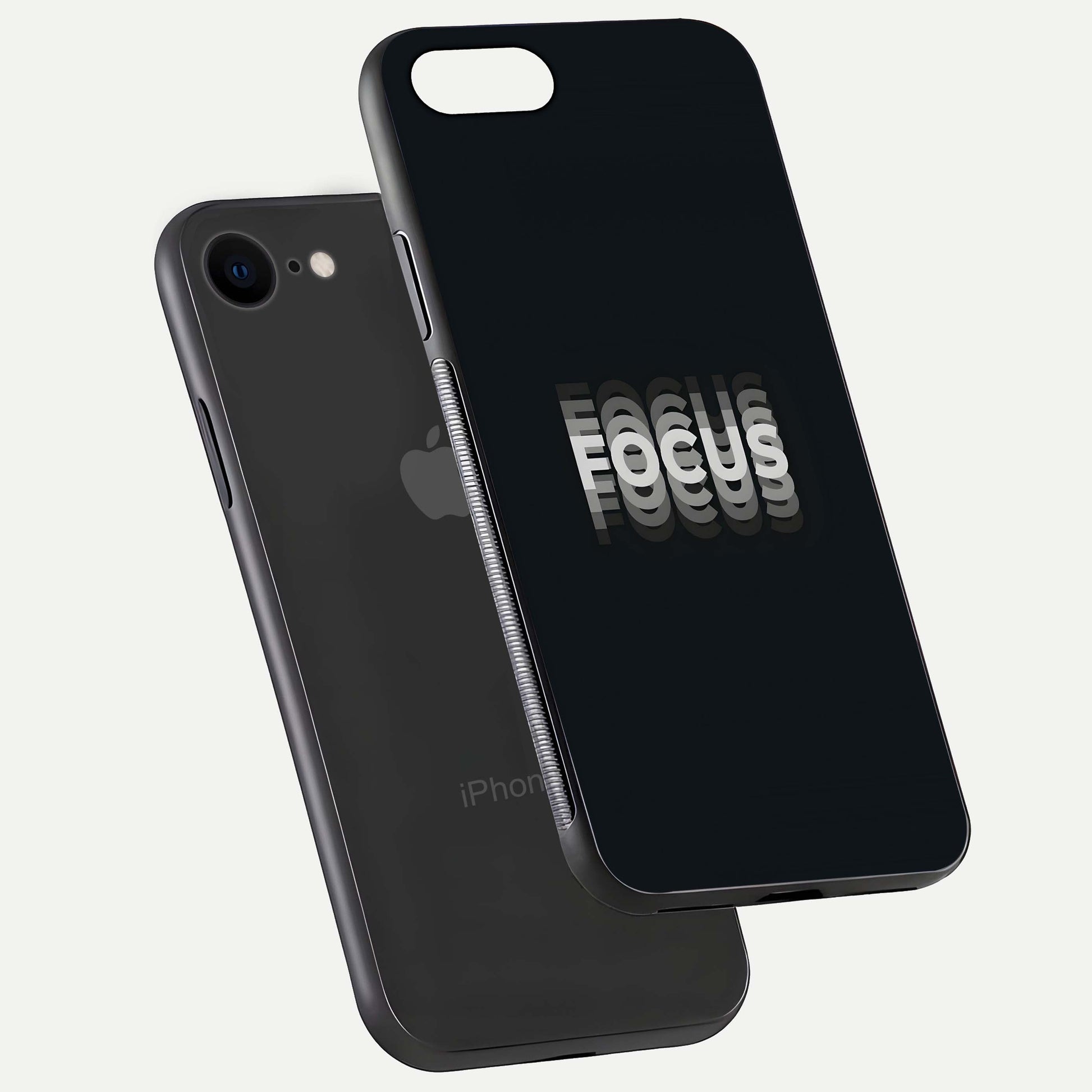 Mono Focus Vision Glass Case for iPhone 8 floating dual-view mockup showing HD gloss and elegant simplicity