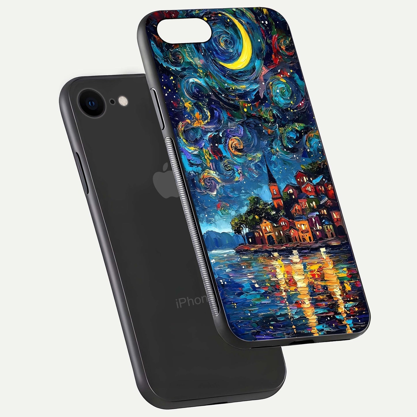 Moonlight Harbor Glow Glass Case for iPhone 8 floating dual-view mockup showing gloss brightness and glow