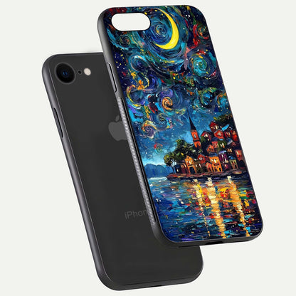 Moonlight Harbor Glow Glass Case for iPhone 8 floating dual-view mockup showing gloss brightness and glow