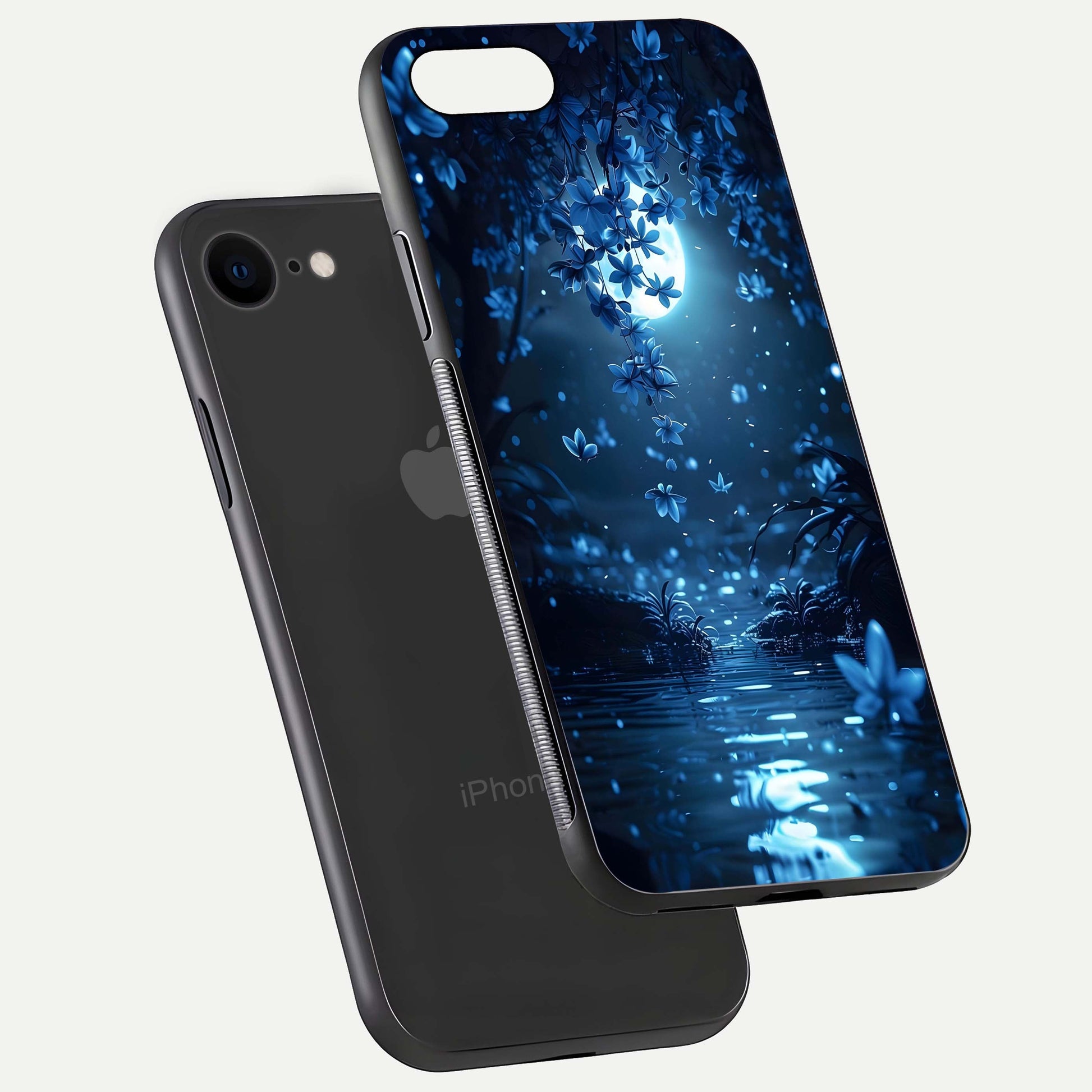 Moonlight Petal Dream Glass Case for iPhone 8 floating dual-view mockup showing HD gloss and dreamy art