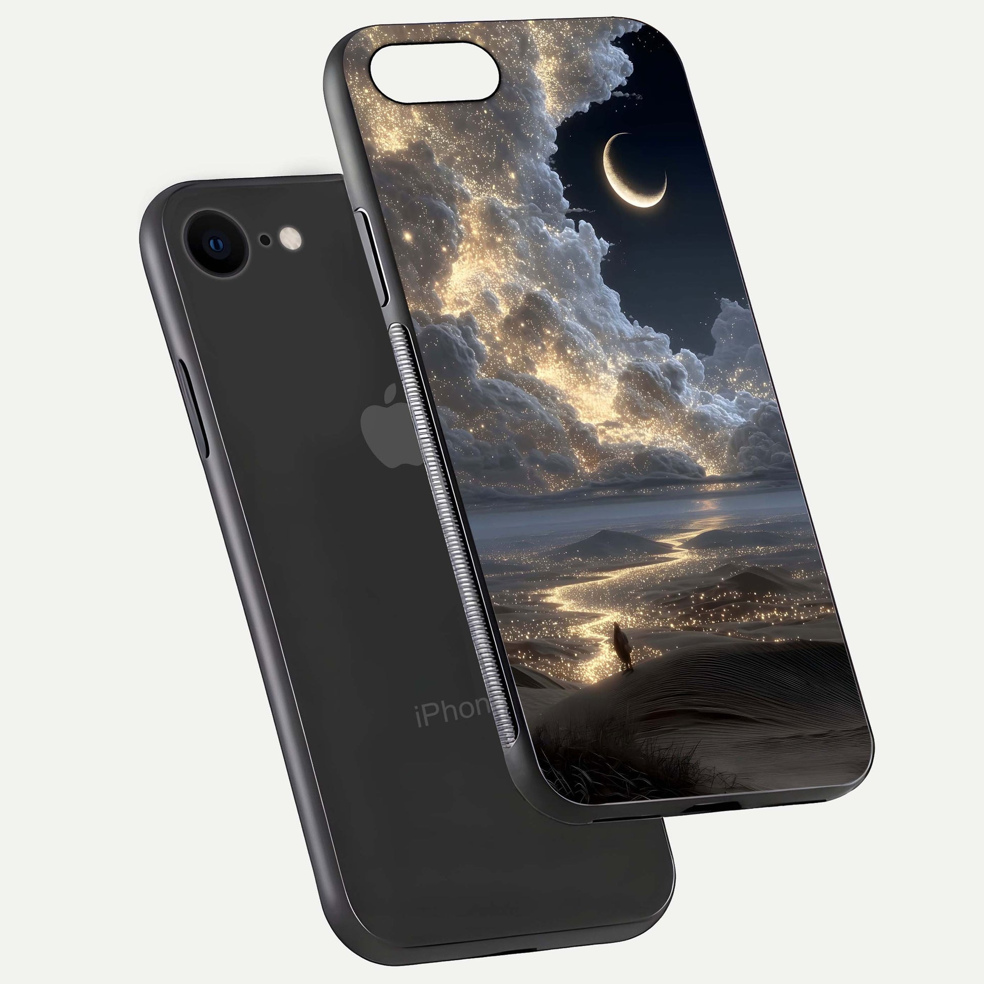 Moonlight Spark Path Glass Case for iPhone 8 floating dual-view mockup showing gloss finish and shine depth