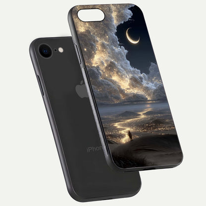 Moonlight Spark Path Glass Case for iPhone 8 floating dual-view mockup showing gloss finish and shine depth
