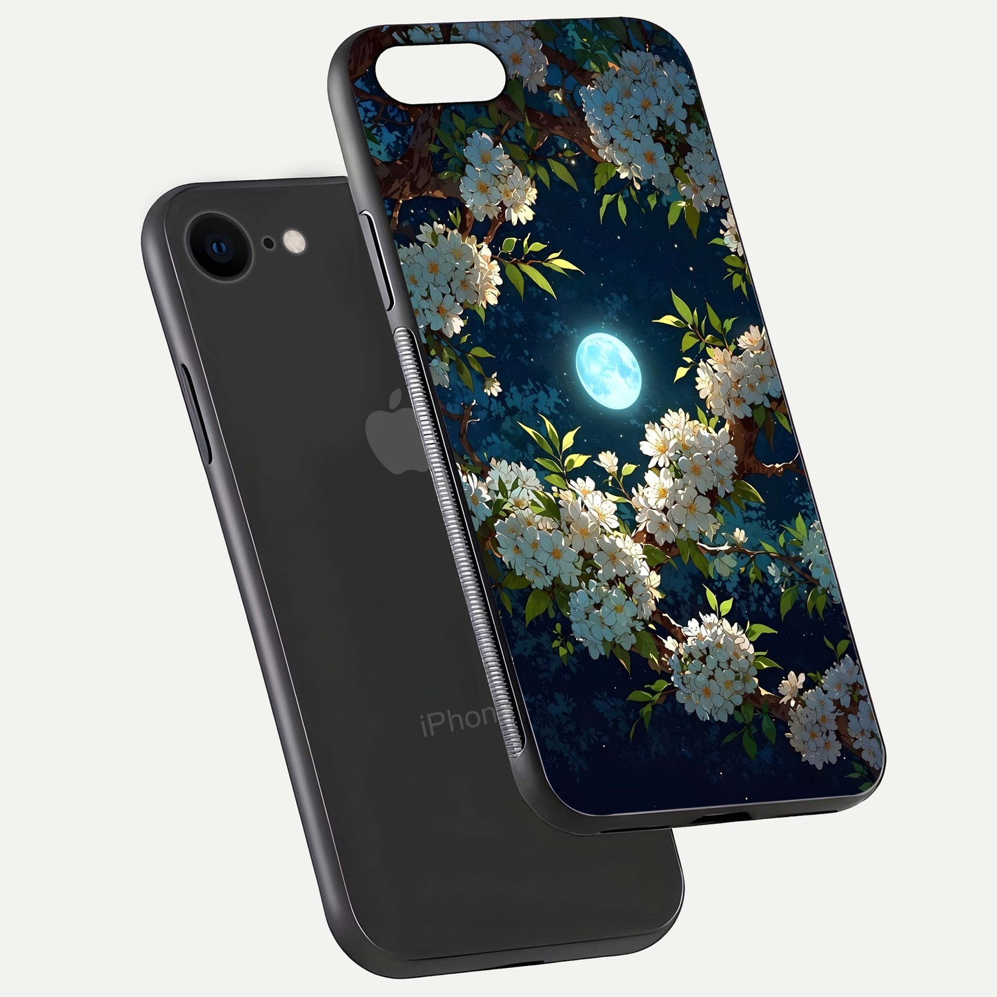 Moonlit Blossom Dream Glass Case for iPhone 8 floating dual-view mockup showing gloss texture and floral tone