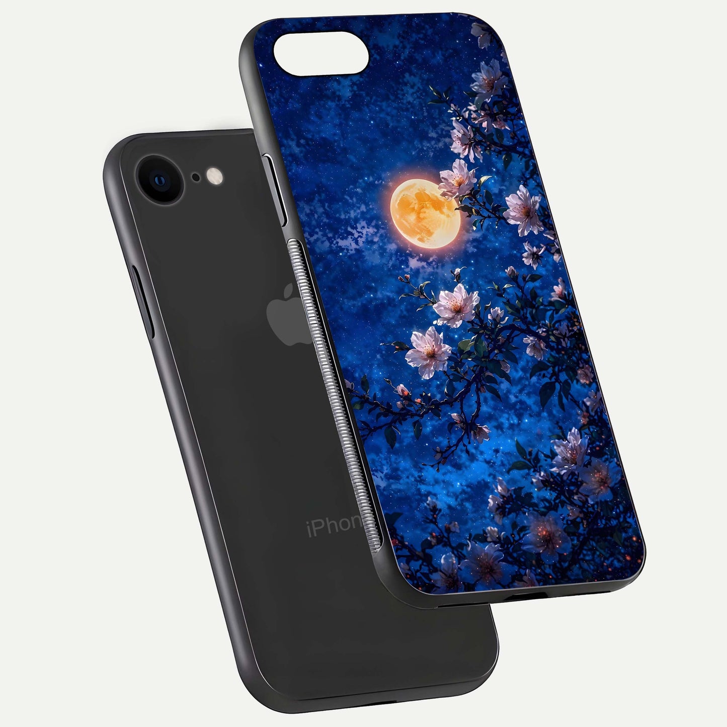 Moonlit Blossoms Night Glass Case for iPhone 8 floating dual-view mockup showing HD gloss and floral contrast