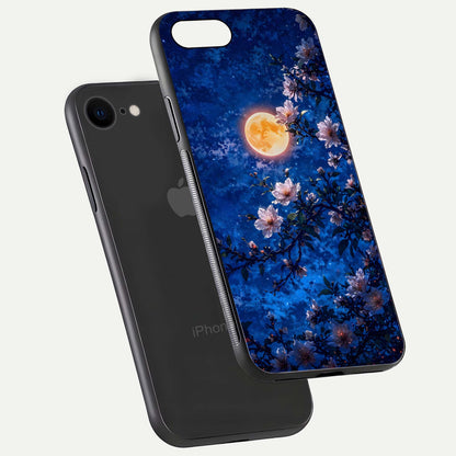 Moonlit Blossoms Night Glass Case for iPhone 8 floating dual-view mockup showing HD gloss and floral contrast