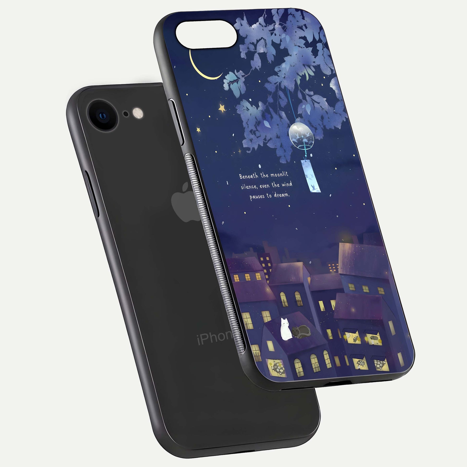 Moonlit Cat Silence Glass Case for iPhone 8 floating dual-view mockup showing gloss reflection and moon art