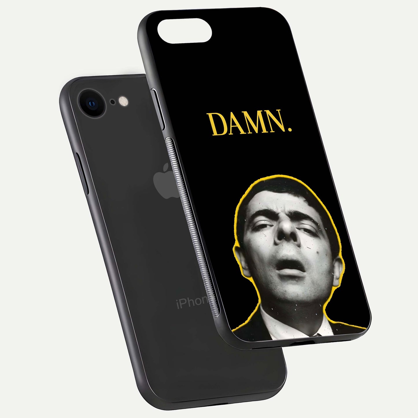 Mr Bean Damn Glass Case for iPhone 8 floating dual-view mockup showing reflective gloss and vivid tones