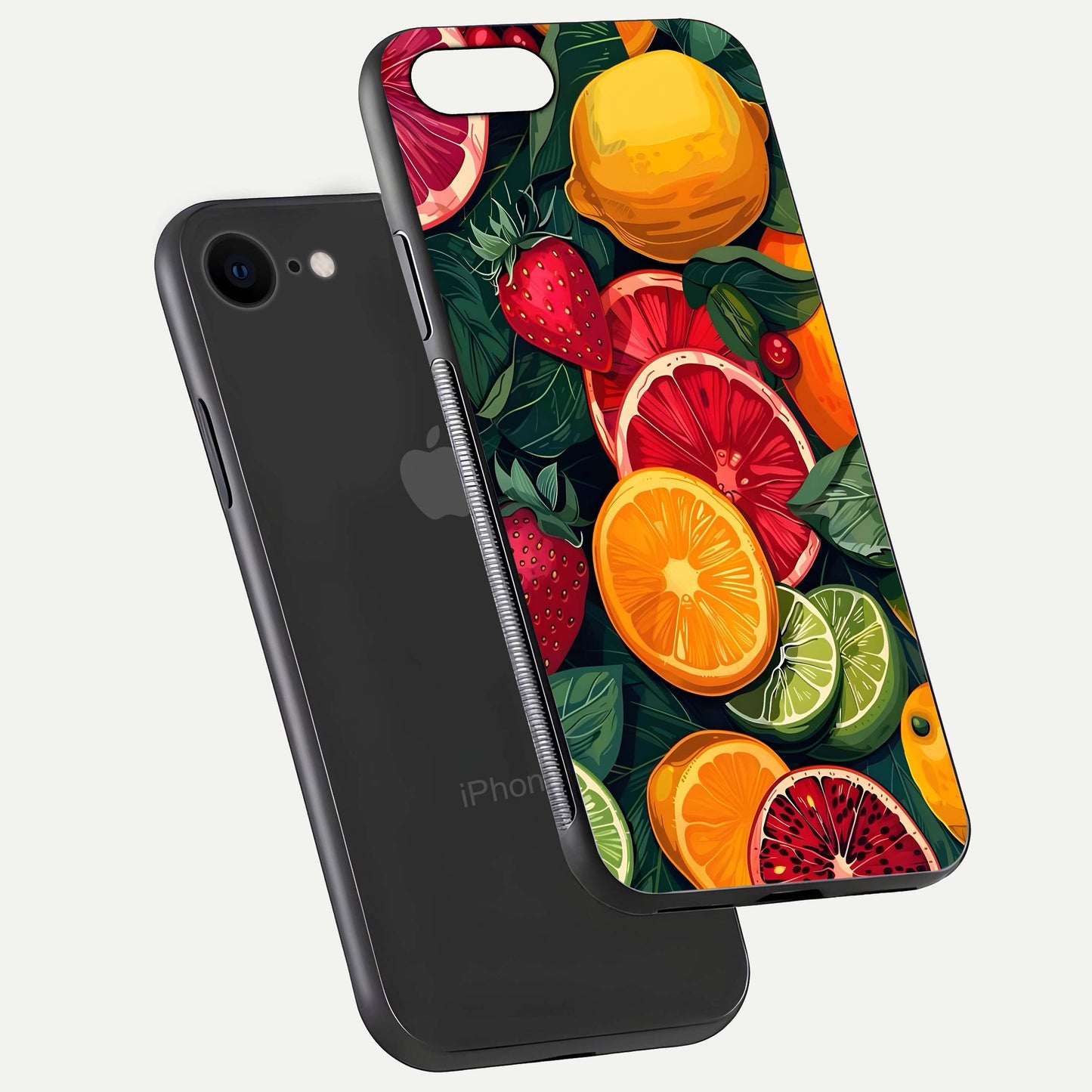 Multiple Fruits Glass Case for iPhone 8 floating dual-view mockup showing reflection depth and freshness