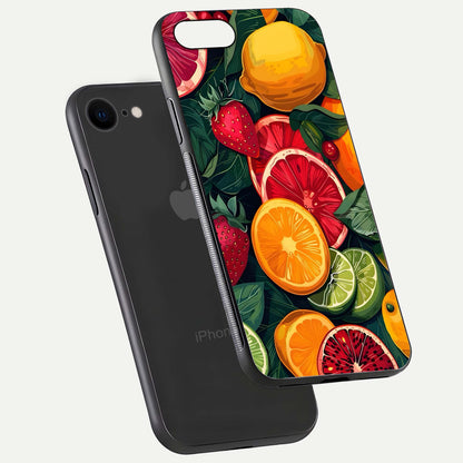 Multiple Fruits Glass Case for iPhone 8 floating dual-view mockup showing reflection depth and freshness