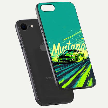 Mustang Bang Glass Case for iPhone 8 floating dual-view mockup showing gloss depth and power design