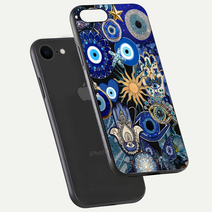Mystic Blue Evil Eye Glass Case for iPhone 8 floating dual-view mockup showing gloss depth and sacred symbol