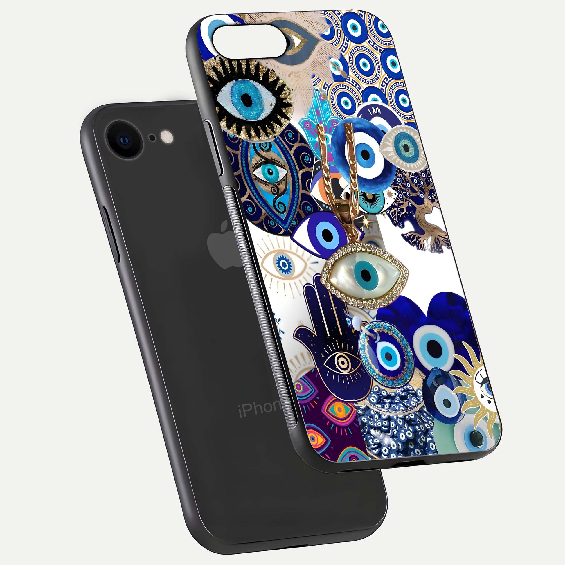 Mystic Charm Eye Glass Case for iPhone 8 floating dual-view mockup showing gloss glow and charm symbol