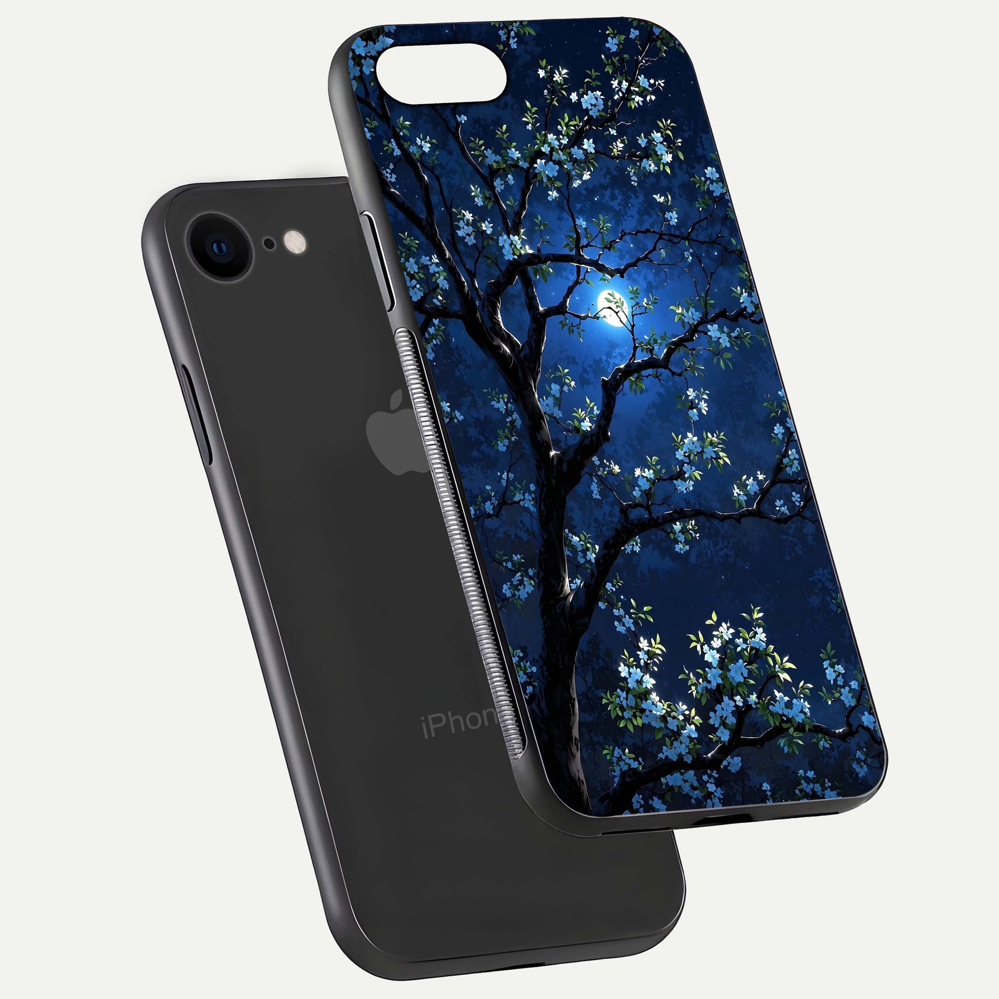 Mystic Floral Night Glass Case for iPhone 8 floating dual-view mockup displaying shine and rich color depth