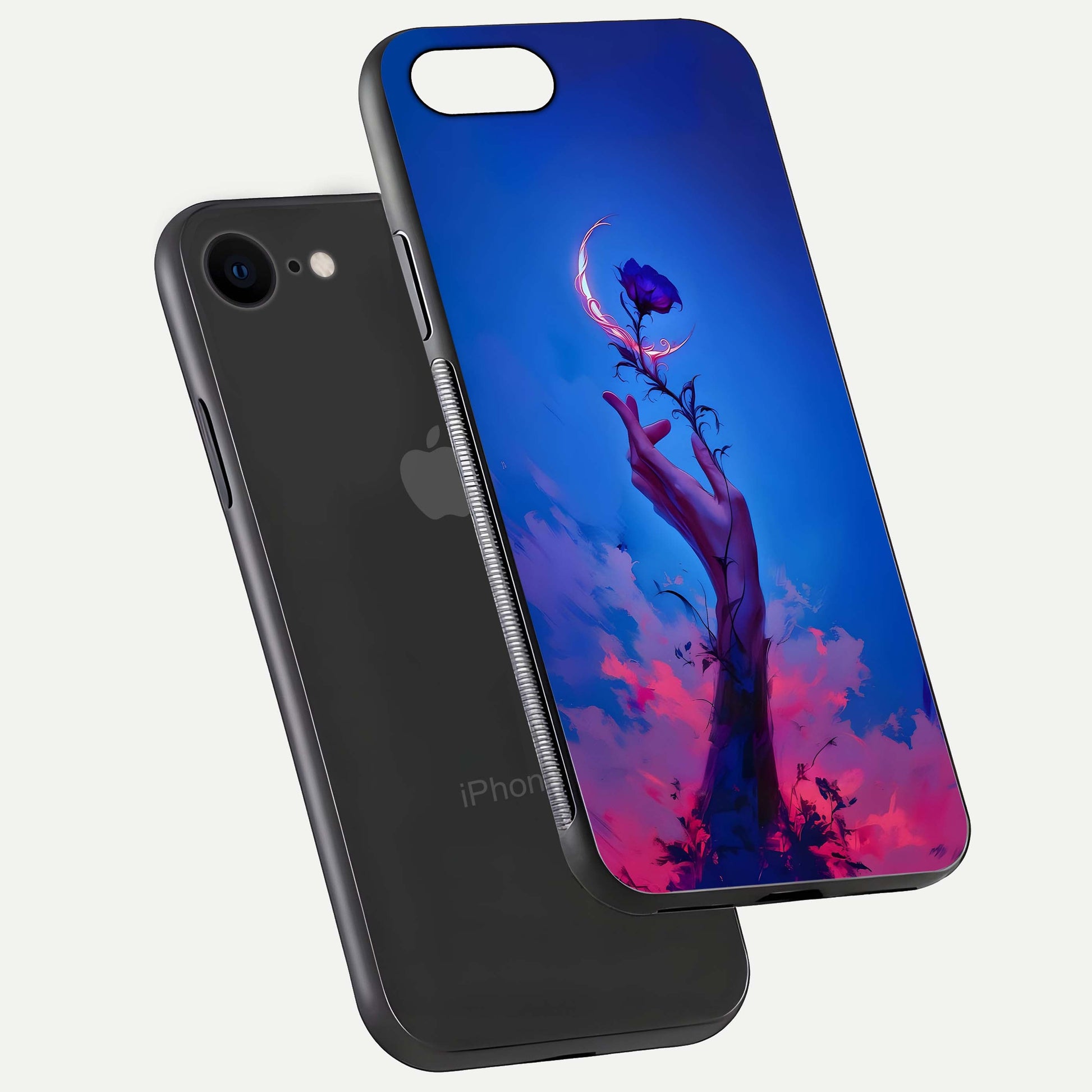 Mystic Hand Glass Case for iPhone 8 floating dual-view mockup showing HD shine and fine palm detail