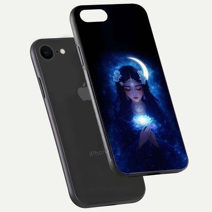 Mystic Moon Queen Glass Case for iPhone 8 floating dual-view mockup showing HD gloss and cosmic glow