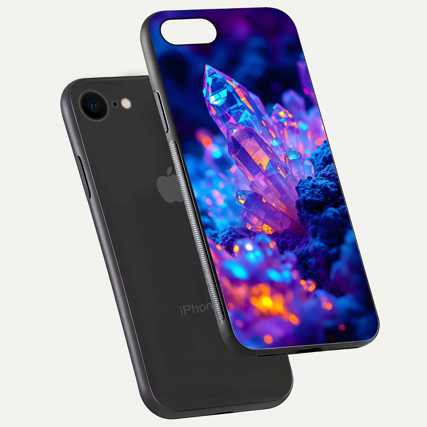 Neon Aura Shards Glass Case for iPhone 8 floating dual-view mockup showing HD shine and shard texture
