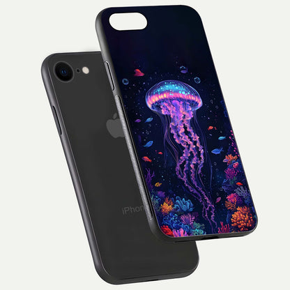 Neon Jellyfish Glass Case for iPhone 8 floating dual-view mockup showing gloss texture and underwater glow