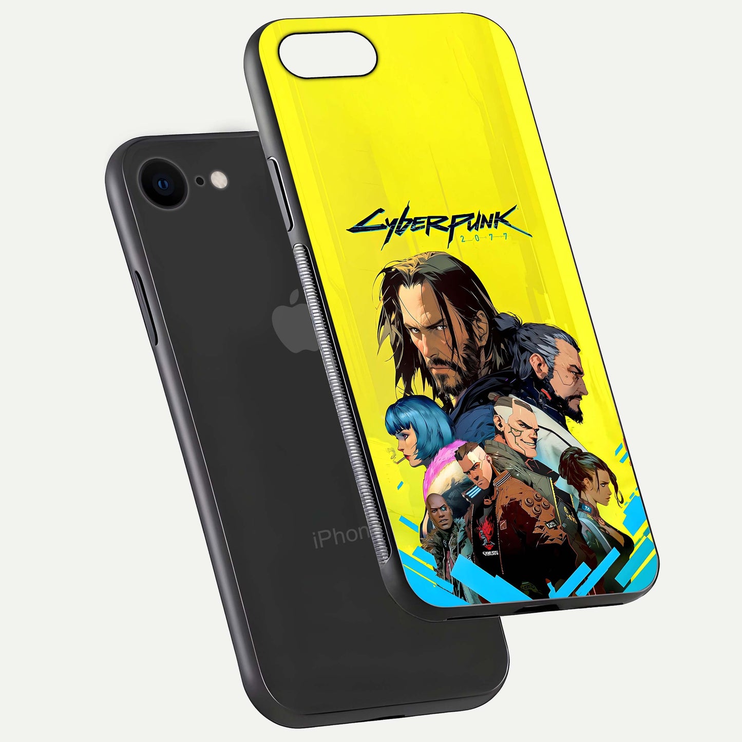 Neon Rebel Genesis Glass Case for iPhone 8 floating dual-view mockup showing electric glow and depth