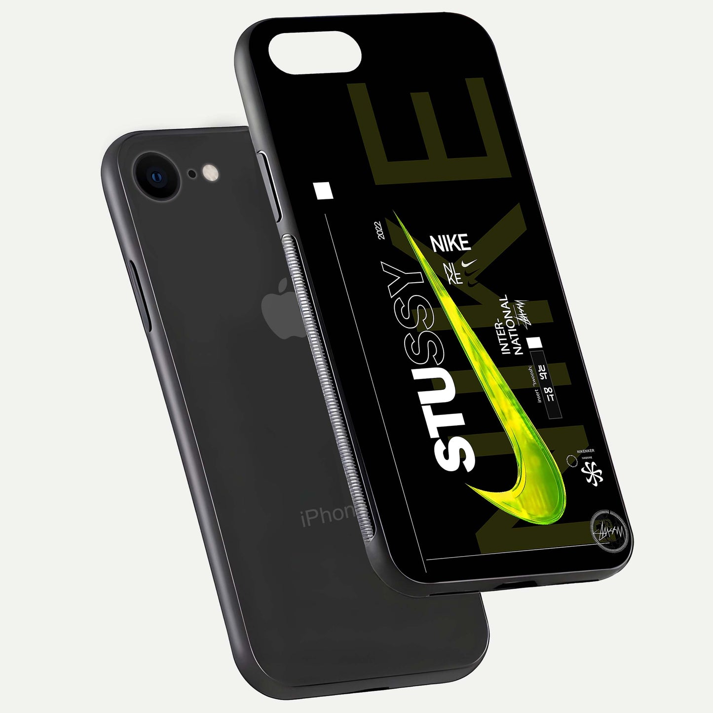 Neon Street Edition Glass Case for iPhone 8 floating dual-view mockup showing HD gloss and neon glow