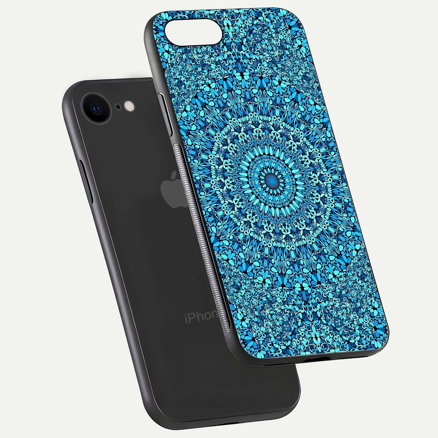 Ocean Bloom Mandala Glass Case for iPhone 8 floating dual-view mockup showing gloss texture and print depth