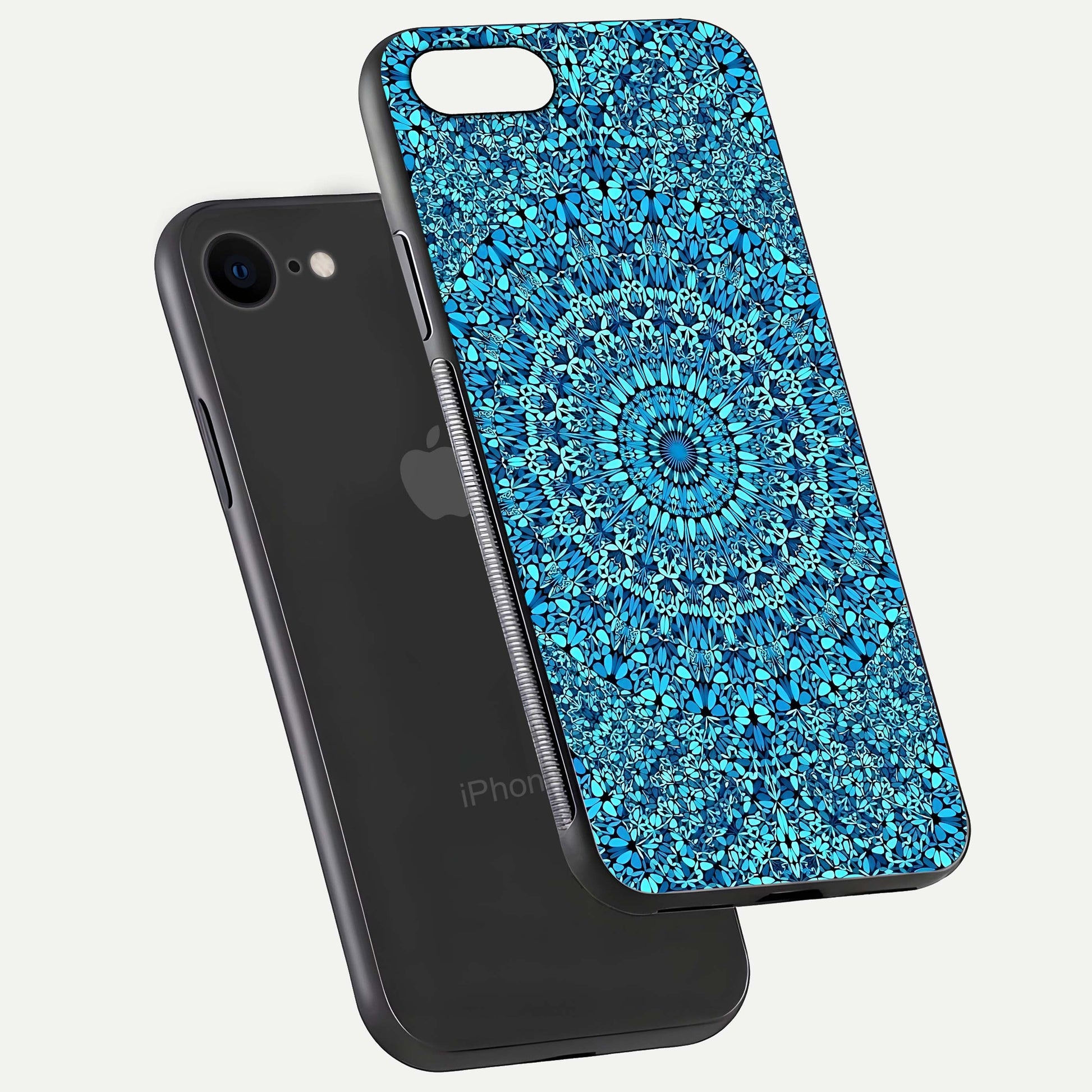 Ocean Bloom Mandala Glass Case for iPhone 8 floating dual-view mockup showing gloss texture and print depth