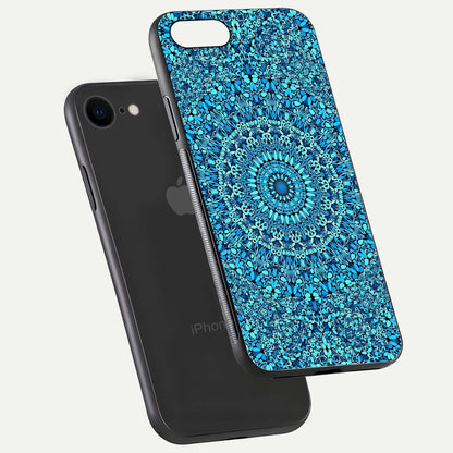 Ocean Bloom Mandala Glass Case for iPhone 8 floating dual-view mockup showing gloss texture and print depth