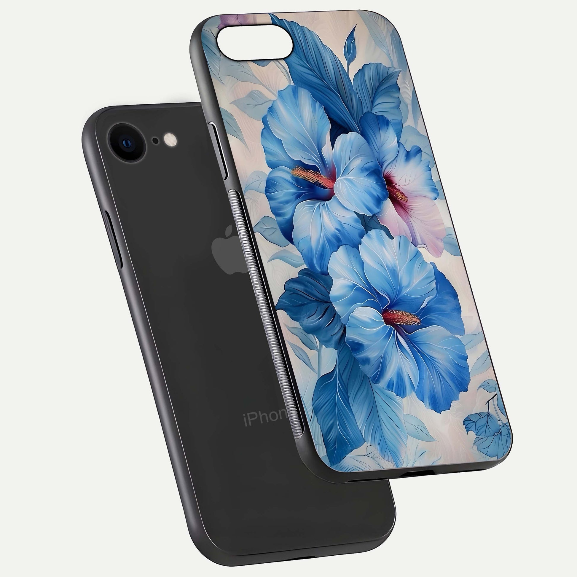 Ocean Hibiscus Grace Glass Case for iPhone 8 floating dual-view mockup showing gloss reflection and print clarity