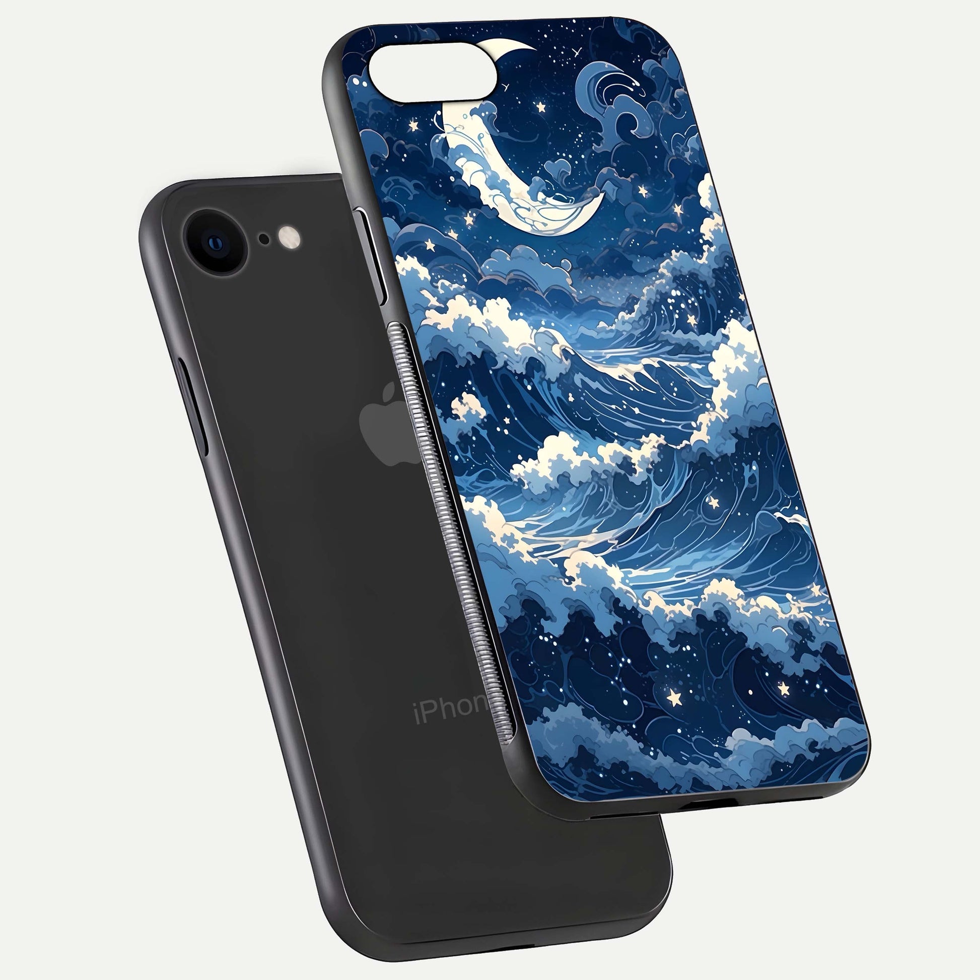 Ocean Moon Waves Glass Case for iPhone 8 floating dual-view mockup showing gloss texture and moon glow