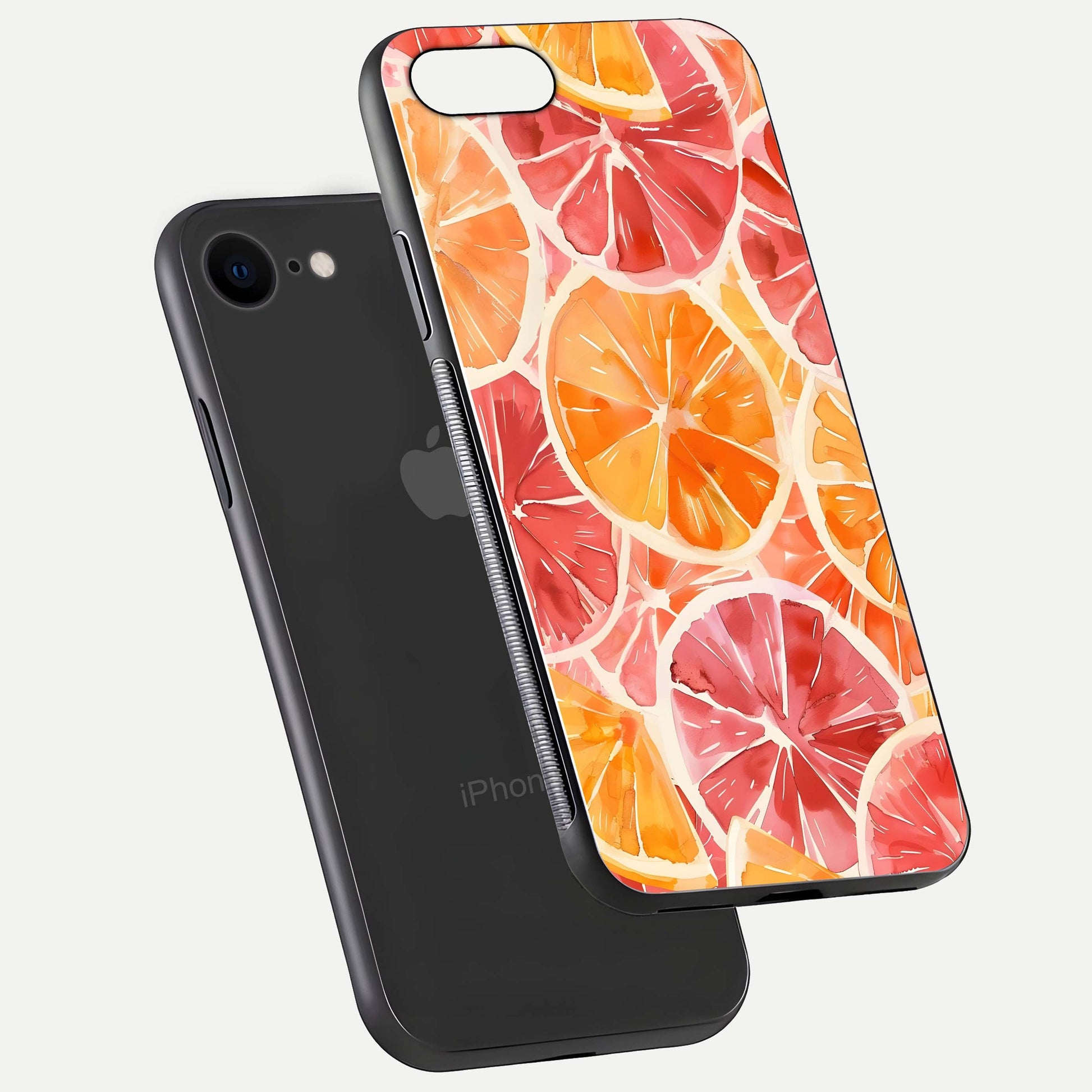 Orange Fruits Pattern Glass Case for iPhone 8 floating dual-view mockup showing gloss reflection and HD tone