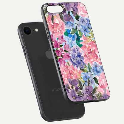 Pastel Floral Mix Glass Case for iPhone 8 floating dual-view mockup showing HD gloss and floral texture