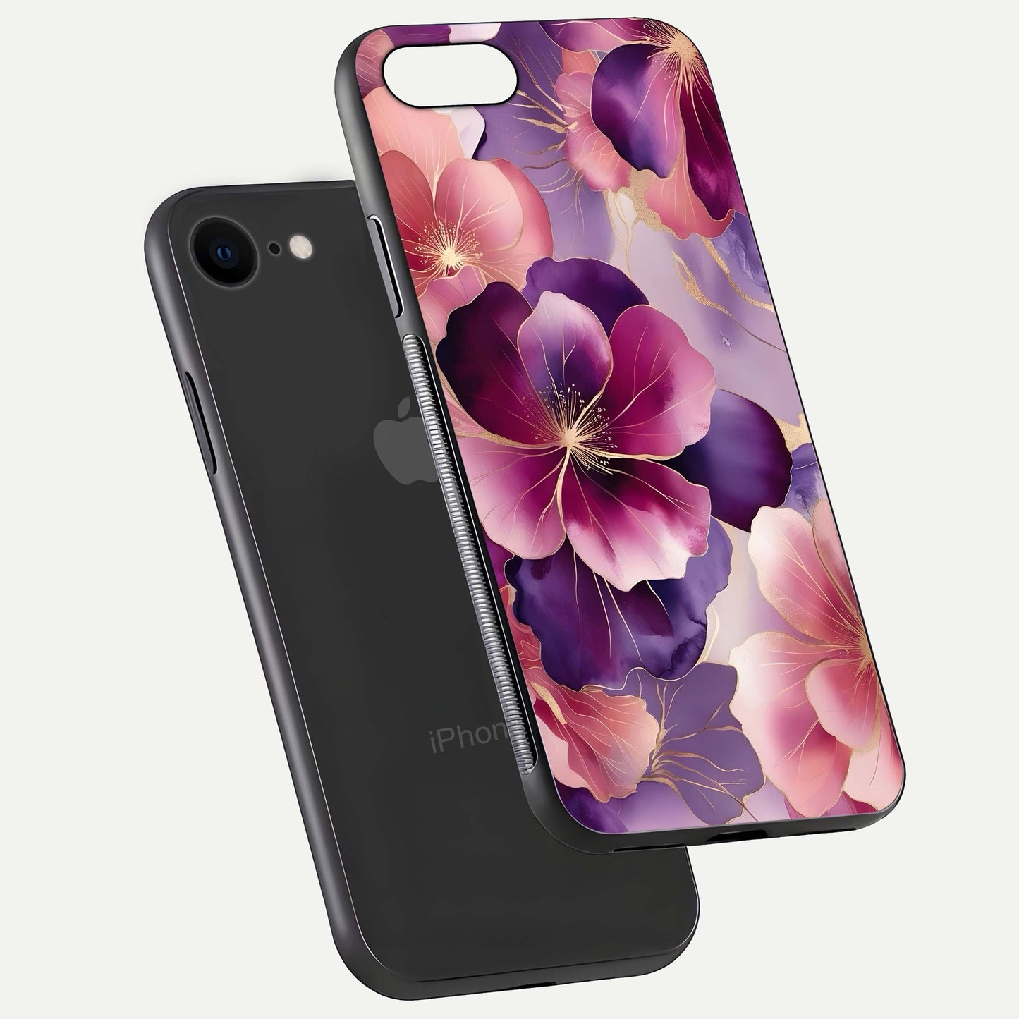 Pink Bouquet Florals Glass Case for iPhone 8 floating dual-view mockup showing gloss surface and color depth