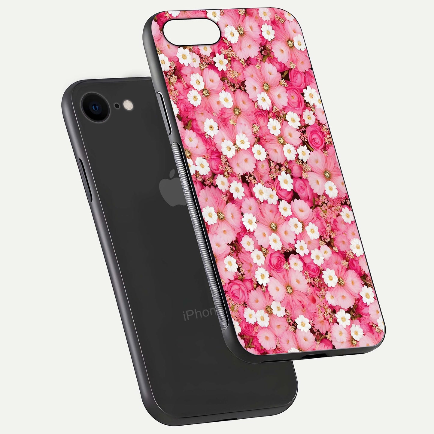 Pink Daisy Bliss Glass Case for iPhone 8 floating dual-view mockup displaying gloss shine and pastel tones