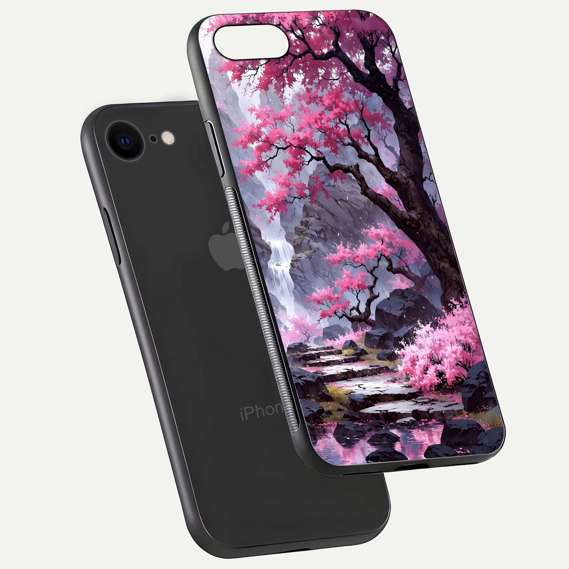 Pinkish Scenery Glass Case for iPhone 8 floating dual-view mockup displaying gloss shine and artistic tone