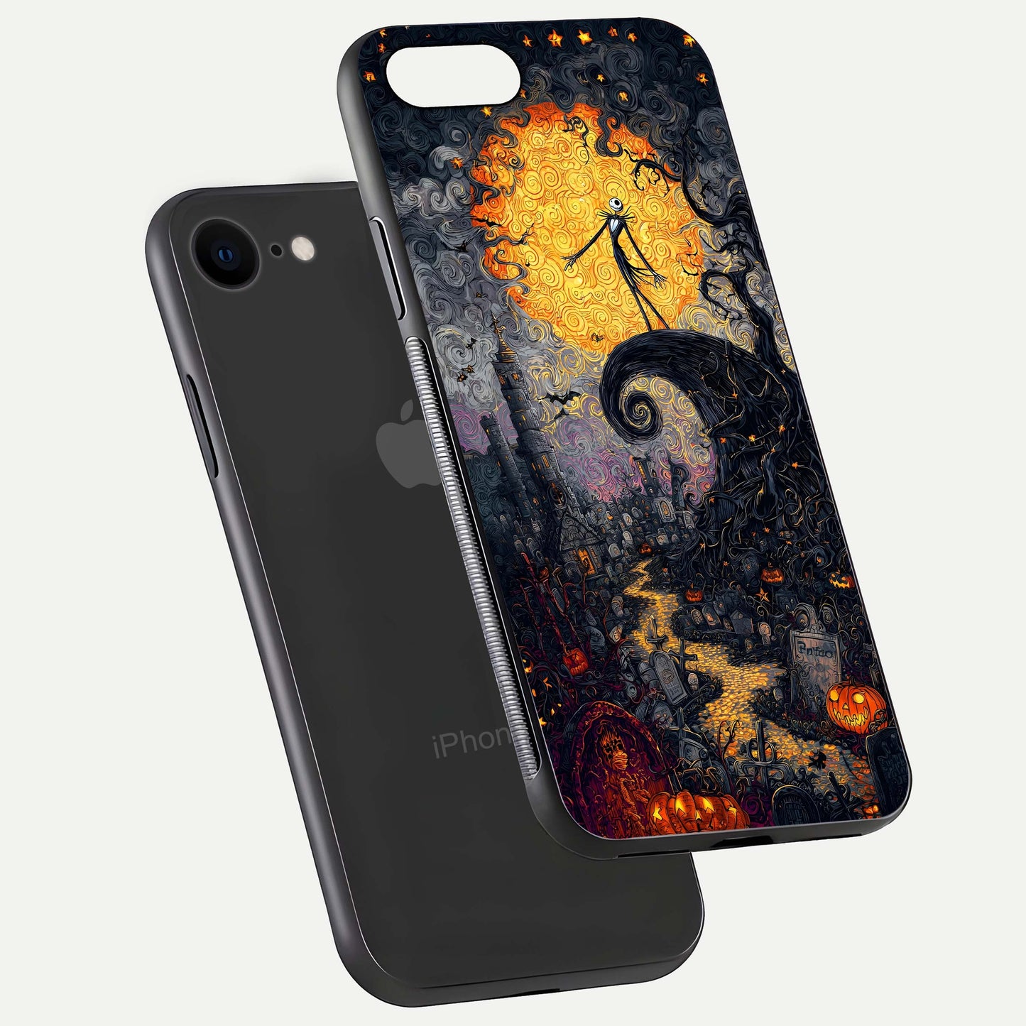 Pumpkin Moon Night Glass Case for iPhone 8 floating dual-view mockup showing HD gloss and spooky detail